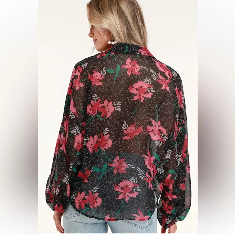 Lulus Juliet Black Floral Print Long Sleeve Top size Medium - Picture 2 of 5